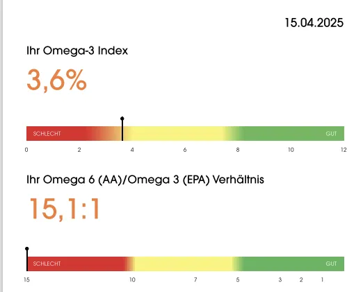 Laborbefund vom 15.04.2025: Omega-3-Index 3,6 Prozent im roten Bereich, Verhältnis Omega-6 zu Omega-3 von 15,1 zu 1
